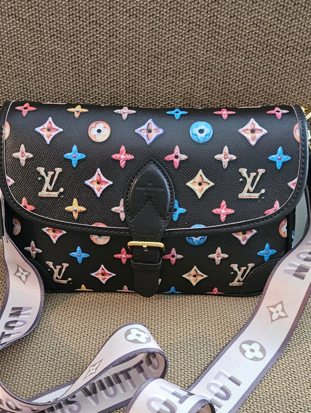 Black Multicolor Monogram Crossbody Bag with Canvas Strap